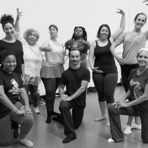 A group of adults at ballet class.