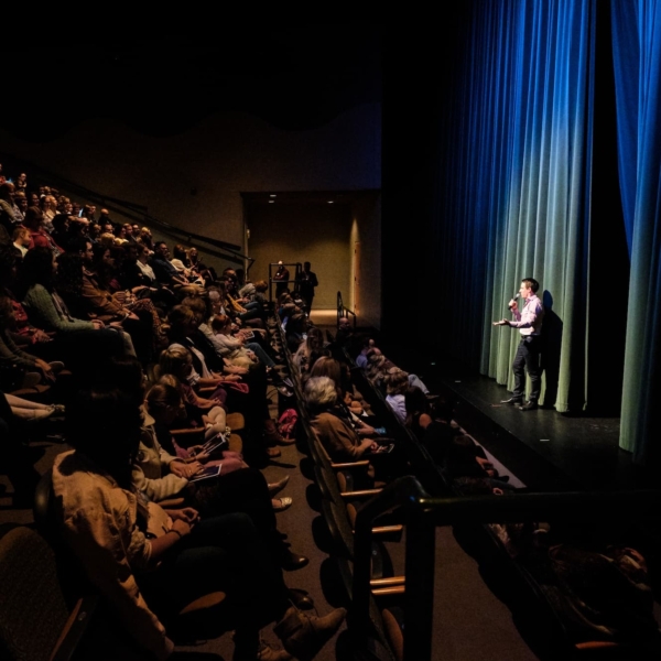 James Sofranko Talking to the audience before a show in the peter Matrin Wege Theatre, Grand Rapids, Michigan.